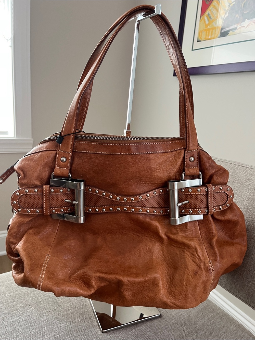 NWT Genuine Italian Leather Studded Buckle Satchel Bag Moto Boho Y2K